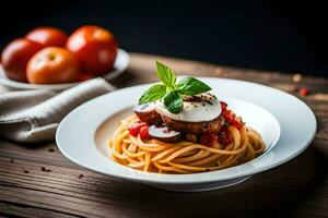 spaghetti med köttbullar och tomater på en trä- tabell. ai-genererad foto