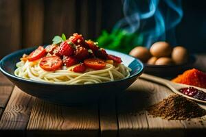 spaghetti med tomater och kryddor i en skål. ai-genererad foto
