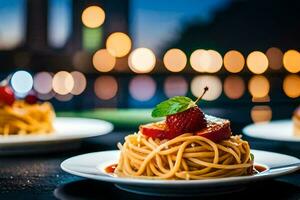 spaghetti med tomat sås och jordgubbar på en tallrik. ai-genererad foto