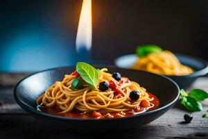 spaghetti med tomat sås och basilika löv i en svart skål. ai-genererad foto