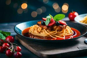 spaghetti med tomat sås och kyckling på en tallrik. ai-genererad foto