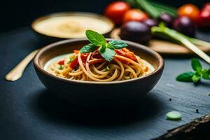 spaghetti med tomat sås och grönsaker i en skål. ai-genererad foto