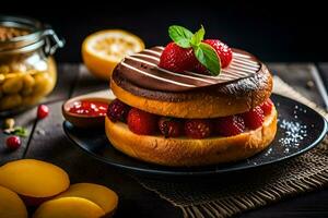 en choklad kaka med jordgubbar och en körsbär på topp. ai-genererad foto