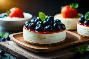 cheesecake med bär och jordgubbar på en trä- styrelse. ai-genererad foto