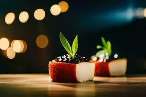 två små bitar av mat med kaviar på topp. ai-genererad foto