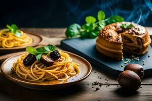 spaghetti med svamp och köttbullar på en trä- tabell. ai-genererad foto