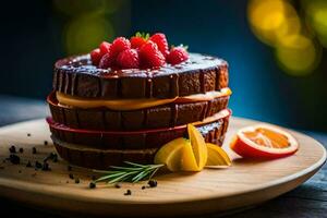 en kaka med choklad, hallon och orange skivor. ai-genererad foto