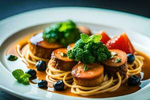 en tallrik av spaghetti med kött, broccoli och blåbär. ai-genererad foto