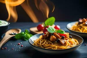 spaghetti med kött och grönsaker i en skål. ai-genererad foto