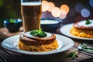 en tallrik av spaghetti med kött och en glas av öl. ai-genererad foto