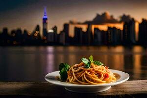 en tallrik av pasta och broccoli med en se av de stad horisont. ai-genererad foto