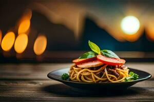 spaghetti med tomat och basilika på en tallrik. ai-genererad foto