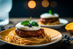 en tallrik av spaghetti med kyckling och blåbär. ai-genererad foto