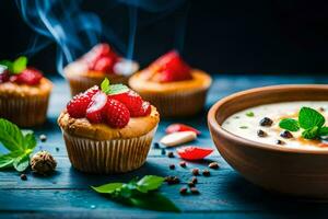 muffins med jordgubbar och grädde på en tabell. ai-genererad foto