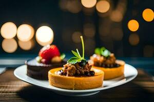 tre desserter på en tallrik med lampor i de bakgrund. ai-genererad foto