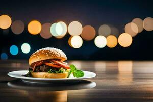 en hamburgare på en tallrik med lampor i de bakgrund. ai-genererad foto