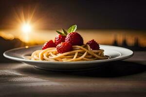 spaghetti med jordgubbar på en tallrik. ai-genererad foto