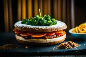 en smörgås med grönsaker och ost på Det. ai-genererad foto