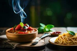 spaghetti med tomat sås och basilika löv på en trä- tabell. ai-genererad foto