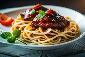 en tallrik av spaghetti med kött och tomater. ai-genererad foto