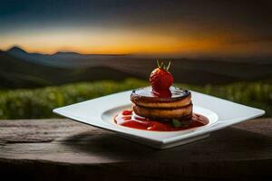 en tallrik av pannkakor med jordgubbar och en solnedgång i de bakgrund. ai-genererad foto