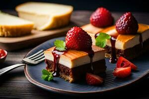 tre bitar av cheesecake med jordgubbar på en tallrik. ai-genererad foto