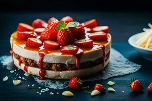 en jordgubb cheesecake med jordgubbar och nötter. ai-genererad foto