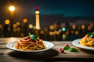 spaghetti med tomat sås och basilika löv på en tallrik. ai-genererad foto