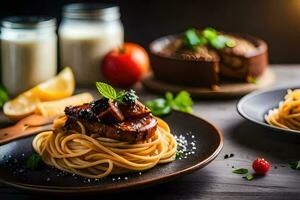 spaghetti med kött och grönsaker på en tallrik. ai-genererad foto