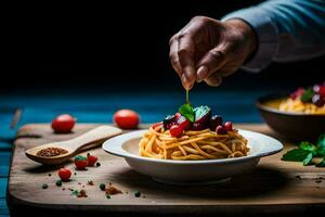en person är innehav en sked över en skål av pasta. ai-genererad foto