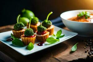 små aptitretare med broccoli och en skål av soppa. ai-genererad foto