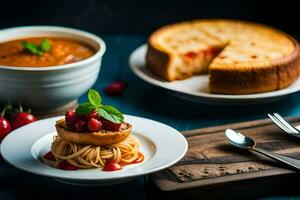 en tallrik av spaghetti och en kaka på en tabell. ai-genererad foto