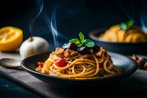 spaghetti med kött och grönsaker i en skål. ai-genererad foto