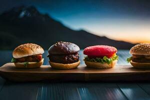 fem hamburgare på en trä- styrelse med bergen i de bakgrund. ai-genererad foto