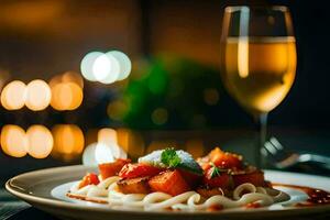 en tallrik av pasta med tomat sås och en glas av vin. ai-genererad foto