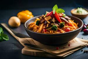en skål av pasta med grönsaker och örter. ai-genererad foto