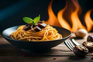 spaghetti med nötter och mynta löv i en skål. ai-genererad foto