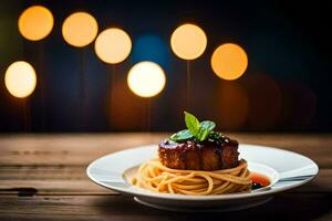 en tallrik av spaghetti med kött och sås på en trä- tabell. ai-genererad foto