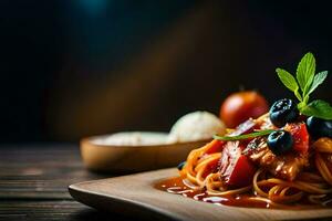 spaghetti med tomat sås och blåbär på en trä- tallrik. ai-genererad foto