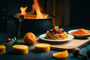 spaghetti med frukt och ost på en trä- tabell. ai-genererad foto