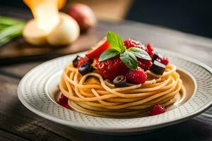 spaghetti med bär och basilika på en tallrik. ai-genererad foto