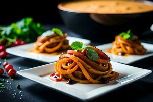 tre plattor med spaghetti och sås på dem. ai-genererad foto