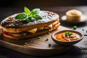 en smörgås med ost och tomat sås på en trä- styrelse. ai-genererad foto