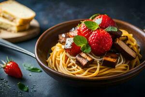 spaghetti med tofu och jordgubbar i en skål. ai-genererad foto