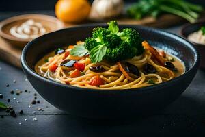 en skål av pasta med grönsaker och kryddor. ai-genererad foto