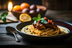 spaghetti med kött och tomat sås i en skål. ai-genererad foto