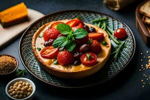 en ost syrlig med tomater, oliver och ost. ai-genererad foto