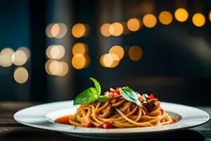 spaghetti med kött och tomat sås på en tallrik. ai-genererad foto