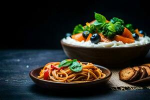 pasta med grönsaker och ost i en skål. ai-genererad foto