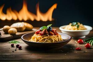 spaghetti med tomater och oliver på en trä- tabell. ai-genererad foto